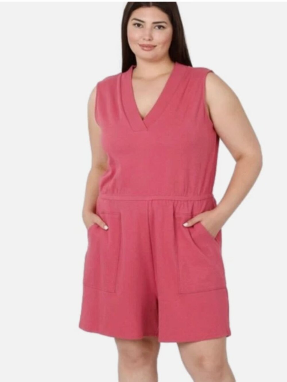 NEW Zenana Shorts Romper Womens One Piece V Neck Pockets Plus Rose Pink Size 1X
